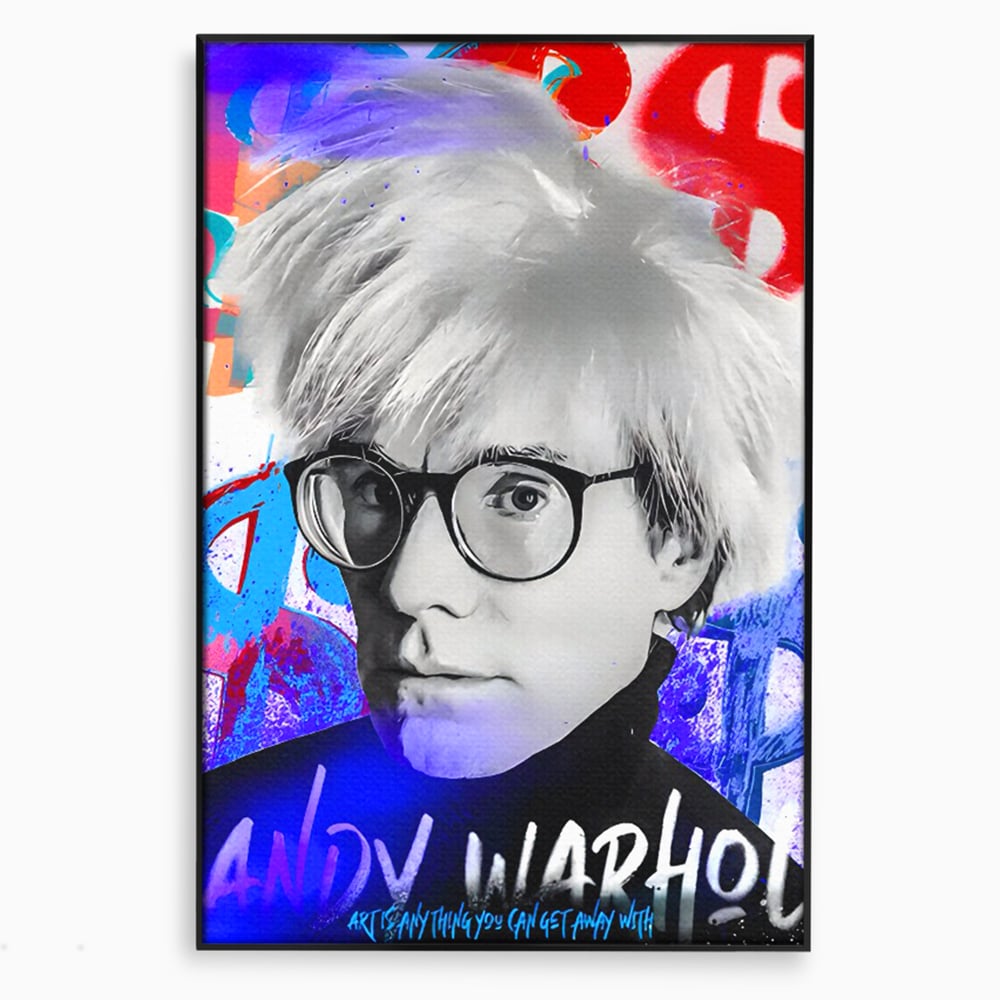 Tablou canvas cu tablou canvas cu portretul lui andy warhol, in rama de aluminiu negru
